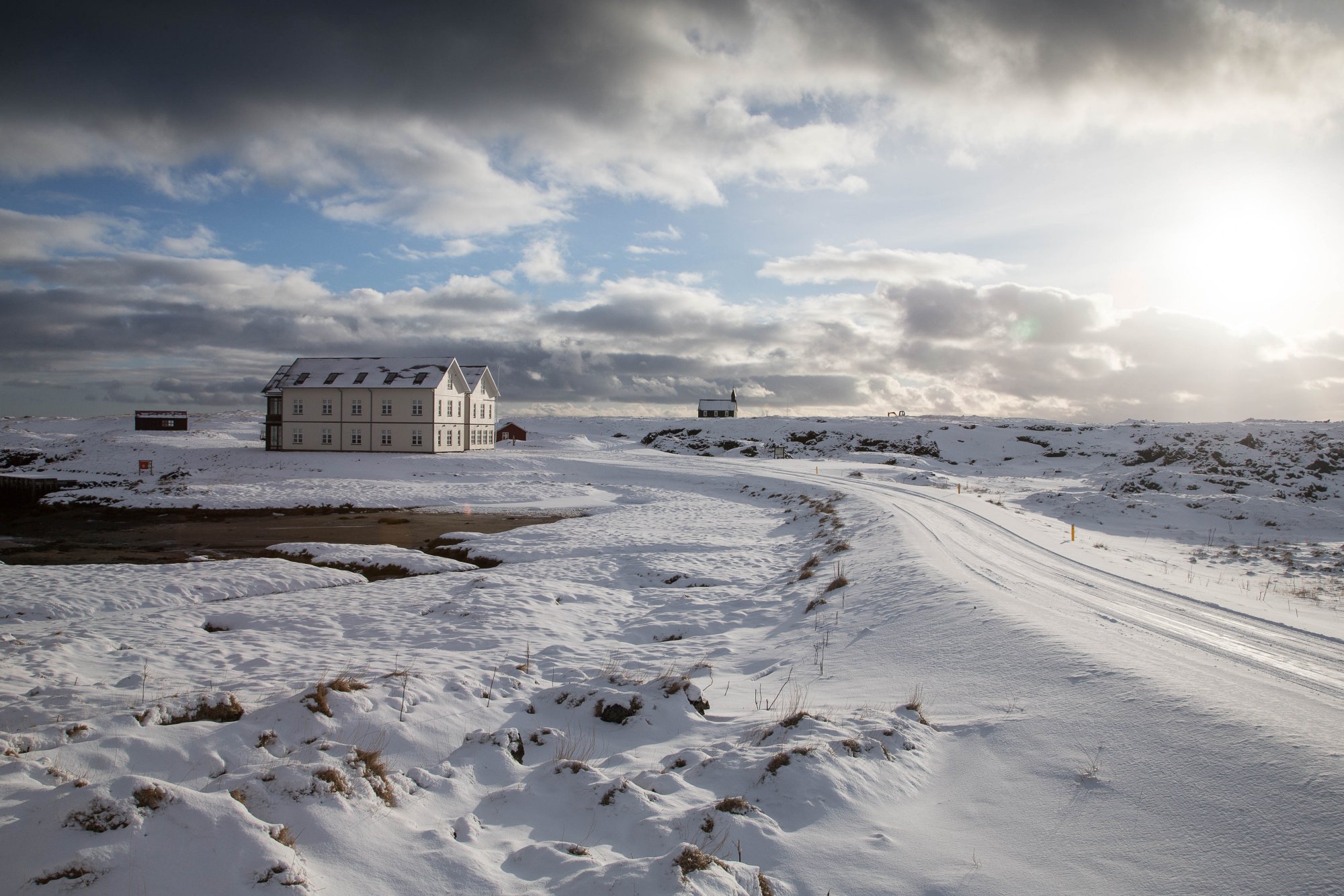 Wintery exterior of Hotel Budir in West Iceland