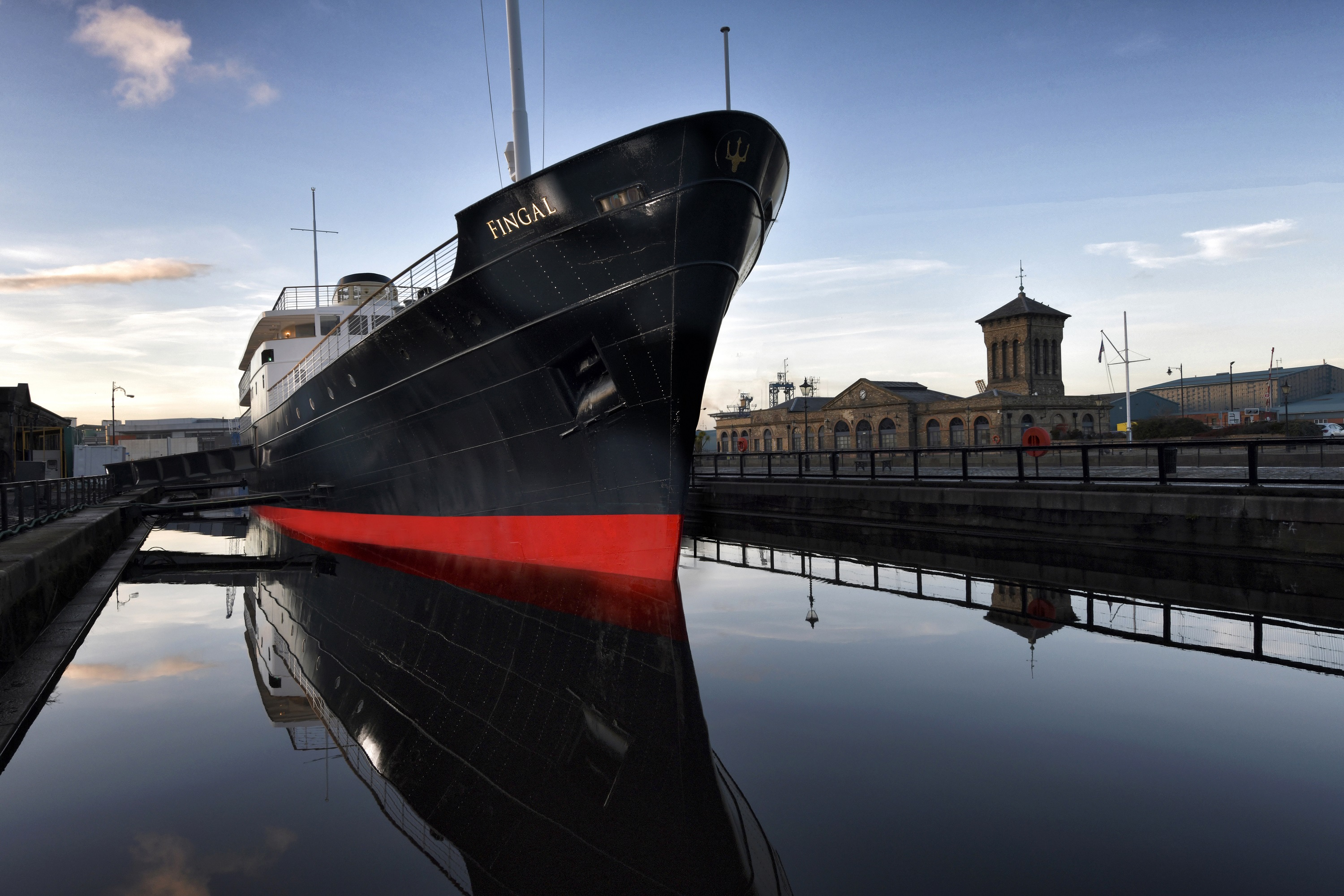 View of the exterior of the hotel boat, Fingal in Edinburgh docks at dusk
